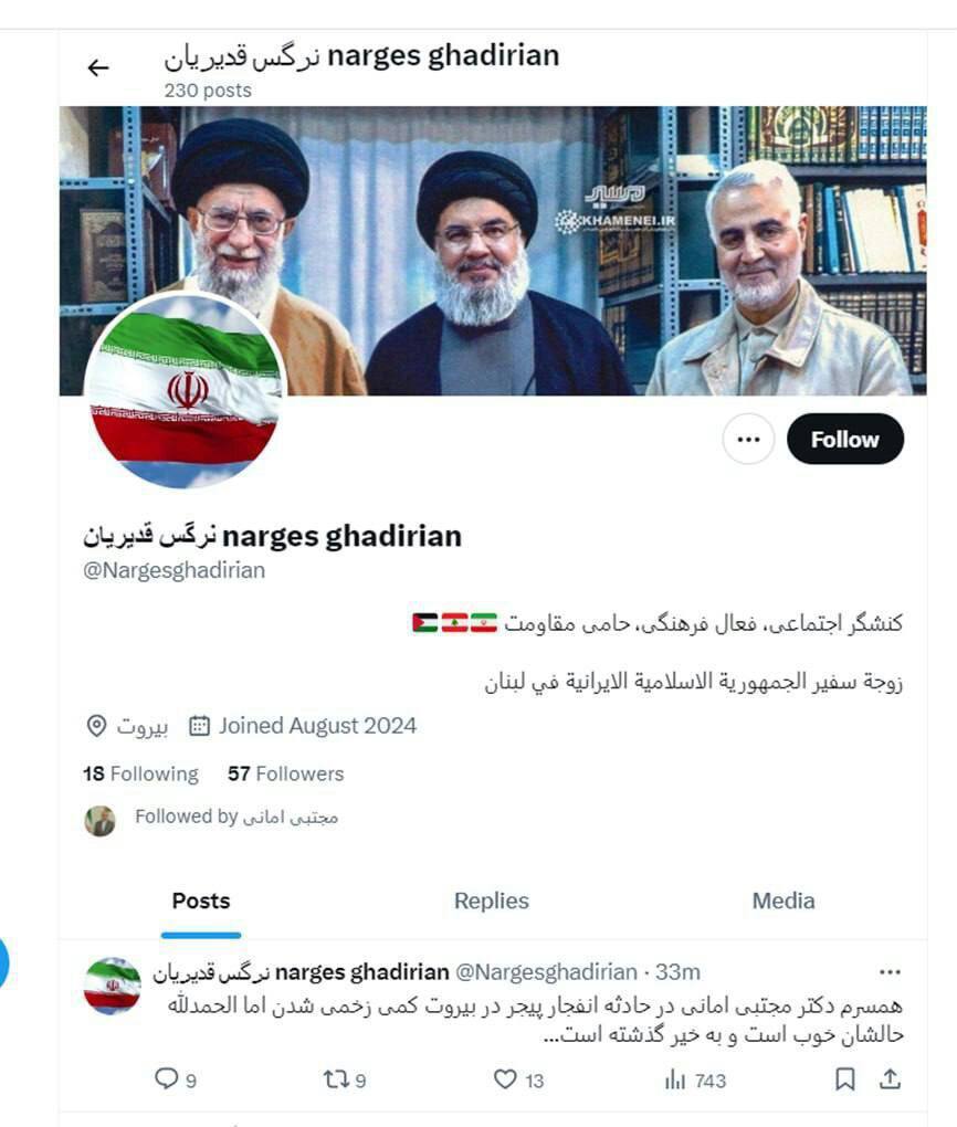  توییت همسر سفیر ایران در لبنان پی حادثه انفجار پیجر 