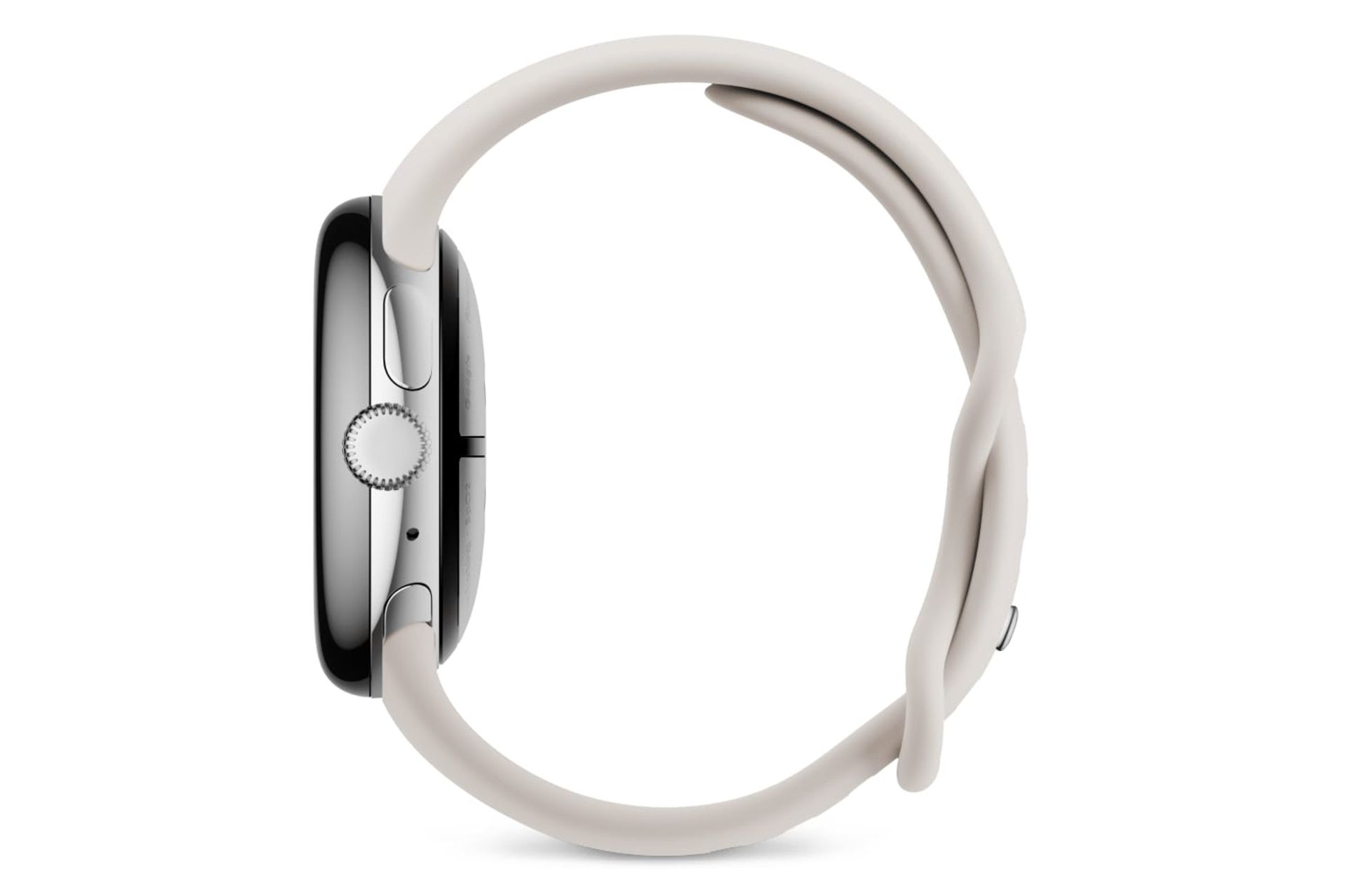 نمای جانبی ساعت هوشمند پیکسل واچ 3 گوگل نسخه 41 میلی‌متری نقره ای با بند کرم / Google Pixel Watch 3 41mm